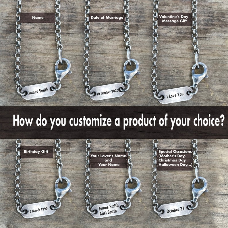 May include: Six silver chains with engraved tags. The tags are customizable with text, such as names, dates, and messages. The chains are ideal for gifts for birthdays, anniversaries, or special occasions.