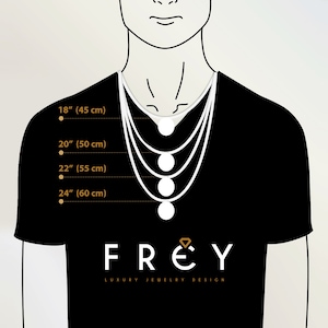 May include: Diagram showing different necklace lengths on a person wearing a black t-shirt. The lengths are 18 inches (45 cm), 20 inches (50 cm), 22 inches (55 cm), and 24 inches (60 cm). The text "FREY LUXURY JEWELRY DESIGN" is at the bottom of the image.