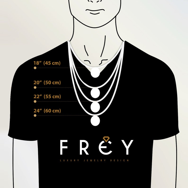 May include: Diagram showing different necklace lengths on a person wearing a black t-shirt. The lengths are 18 inches (45 cm), 20 inches (50 cm), 22 inches (55 cm), and 24 inches (60 cm). The text "FREY LUXURY JEWELRY DESIGN" is at the bottom of the image.