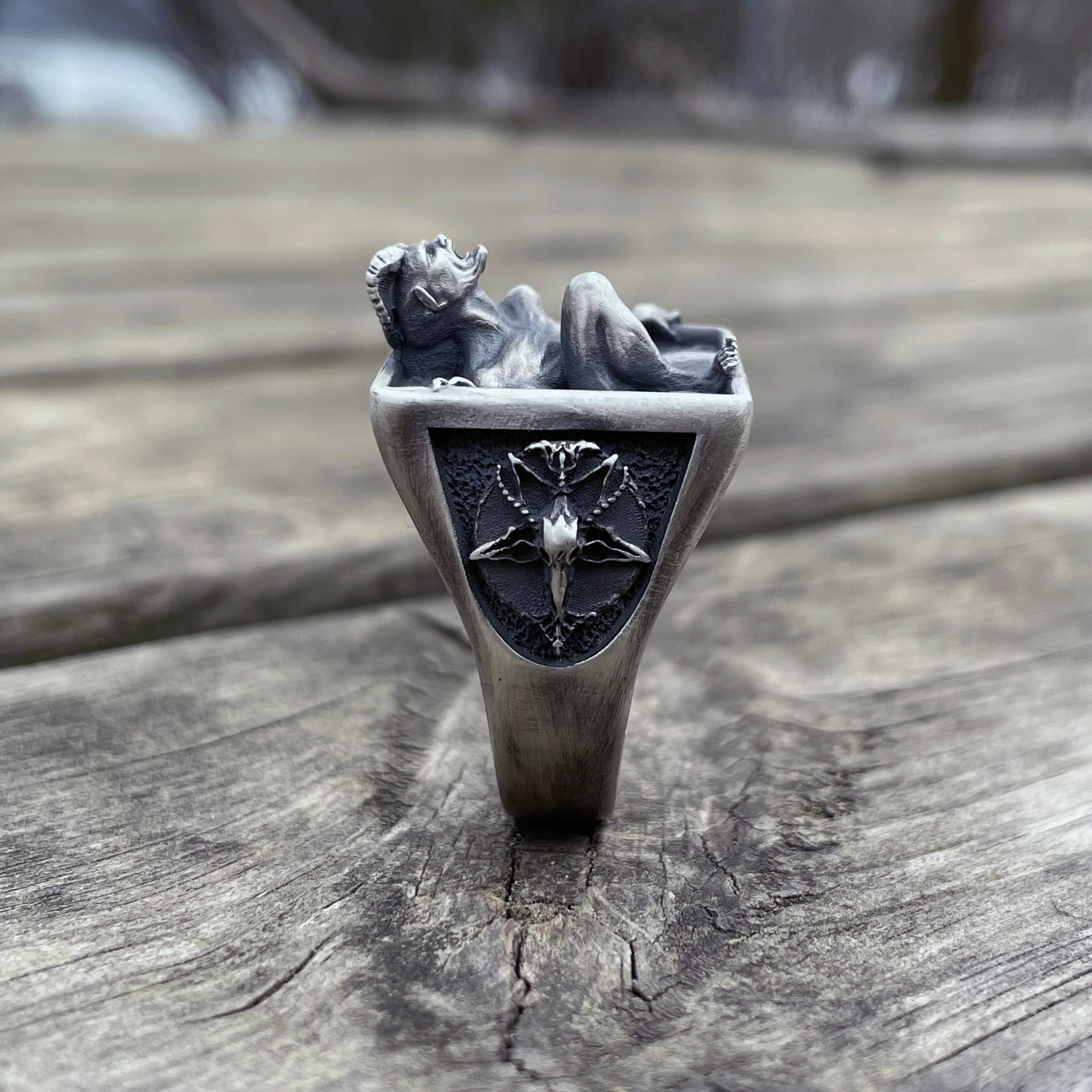 ヤギ×バフォメット×サタン×シルバーリング ヘル・サタン・バフォメット・リング：酸化925スターリングシルバーの