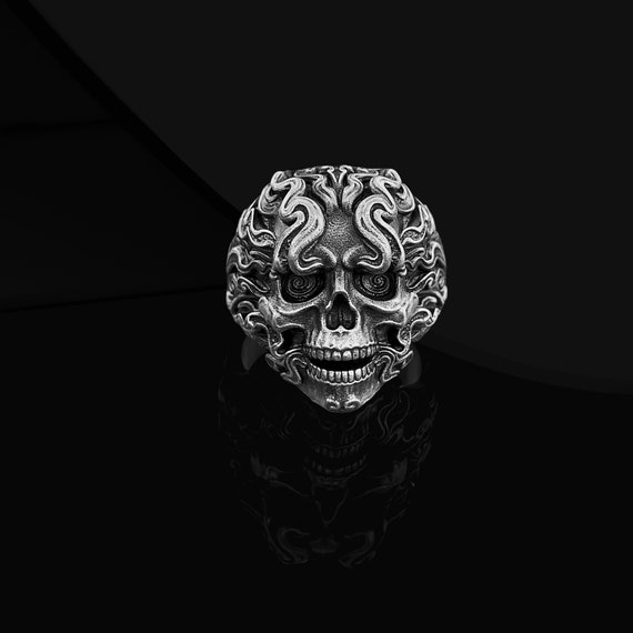 Men's 316L Stainless Steel 1%er Outlaw Biker Skull Ring - Silver/Black