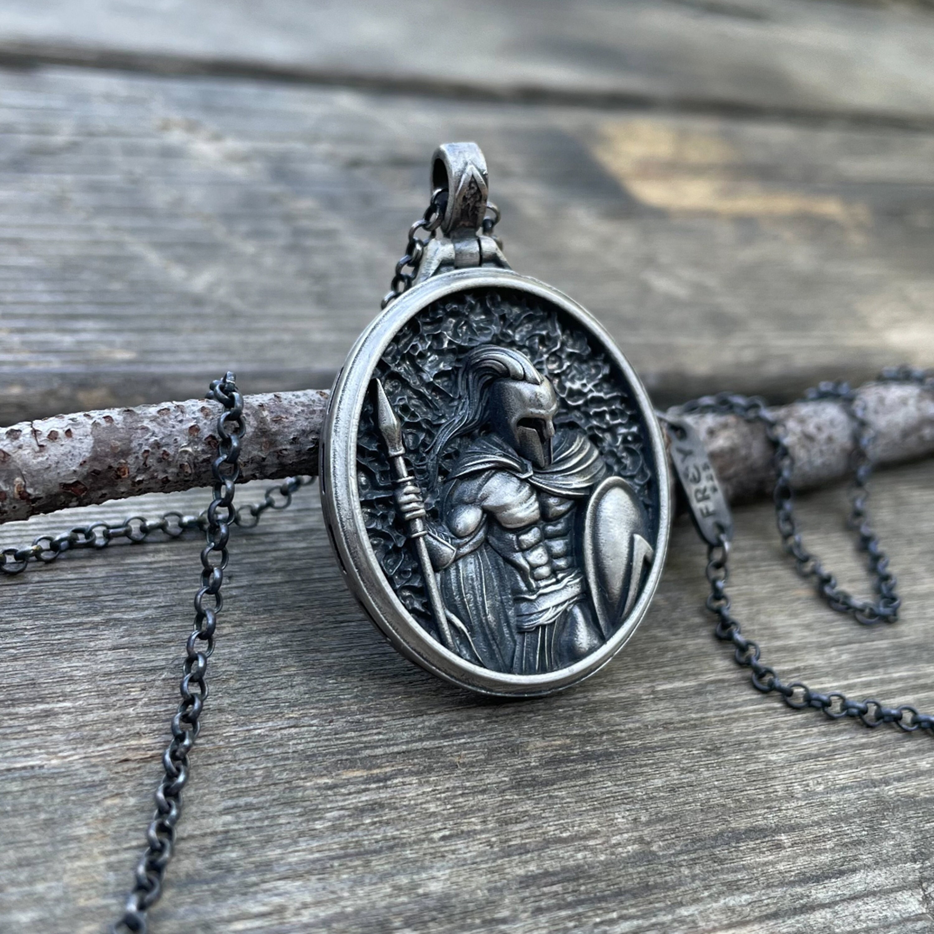 300 Spartan Warriors Pendant Gift for Men, Handmade Silver King of Sparta Leonidas Helmet Shield Mens Necklace, Oxidized Leonidas  Pendant