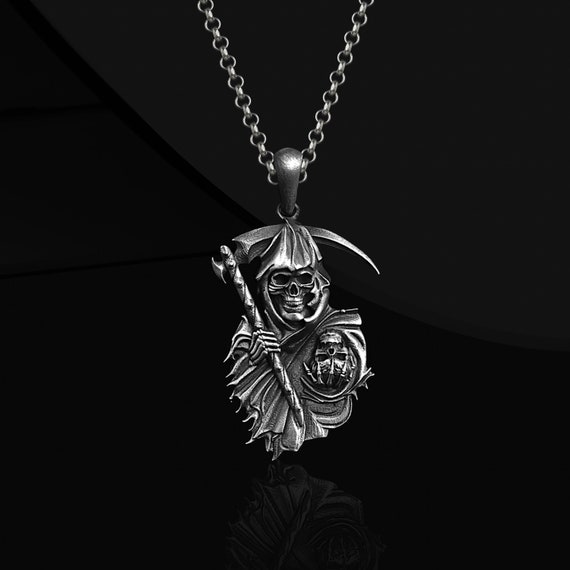 Grim Reaper Skull Necklace: Gothic Oxidized 925 Sterling Silver 