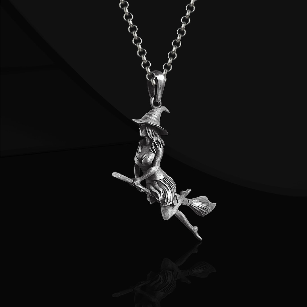 Sterling Silver Witch on Broomstick Necklace - Gothic Wiccan Jewelry - Etsy