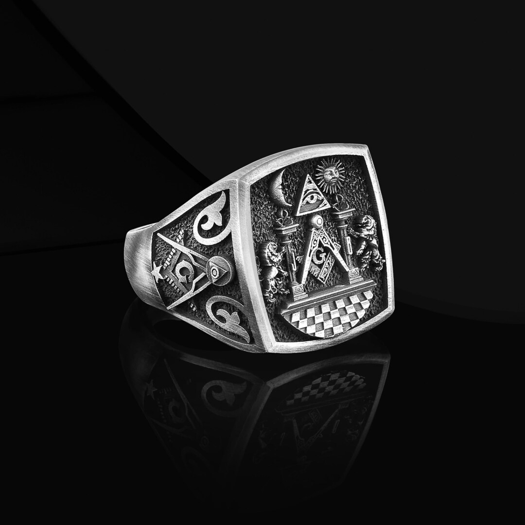 thumbnail image 2 of Men’s Masonic Master Mason Ring – Square & Pillars – Silver Tone Brass – Freemason Size 7-14 2 of 4
