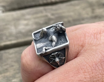 ヘル・サタン・バフォメット・リング：酸化925スターリングシルバーの