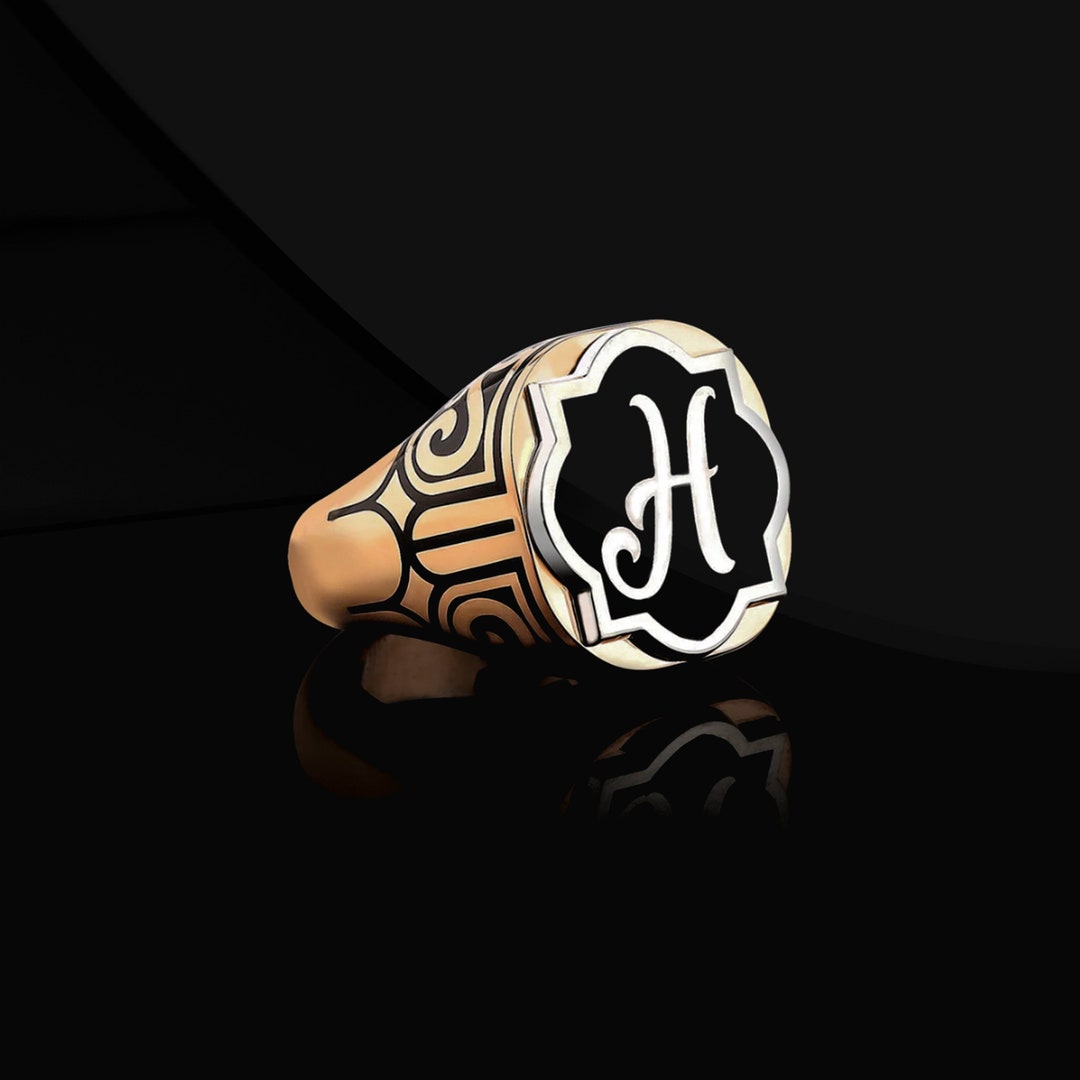 Mens Customizable Letter Rings, Sterling Silver Rose Plated Enamel