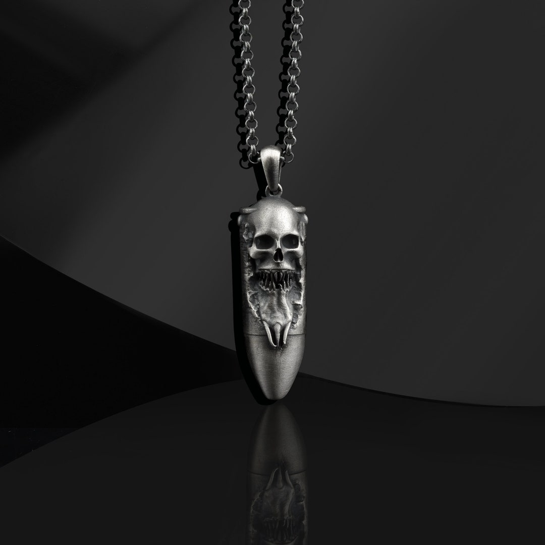 Skull Bullet Handmade 925 Sterling Silver Necklace, Engraved Men's ...