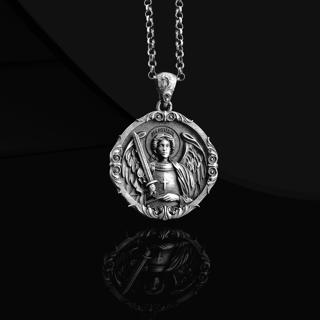 Silver Saint Michael Shield Archangel Amulet Medallion Necklace, St