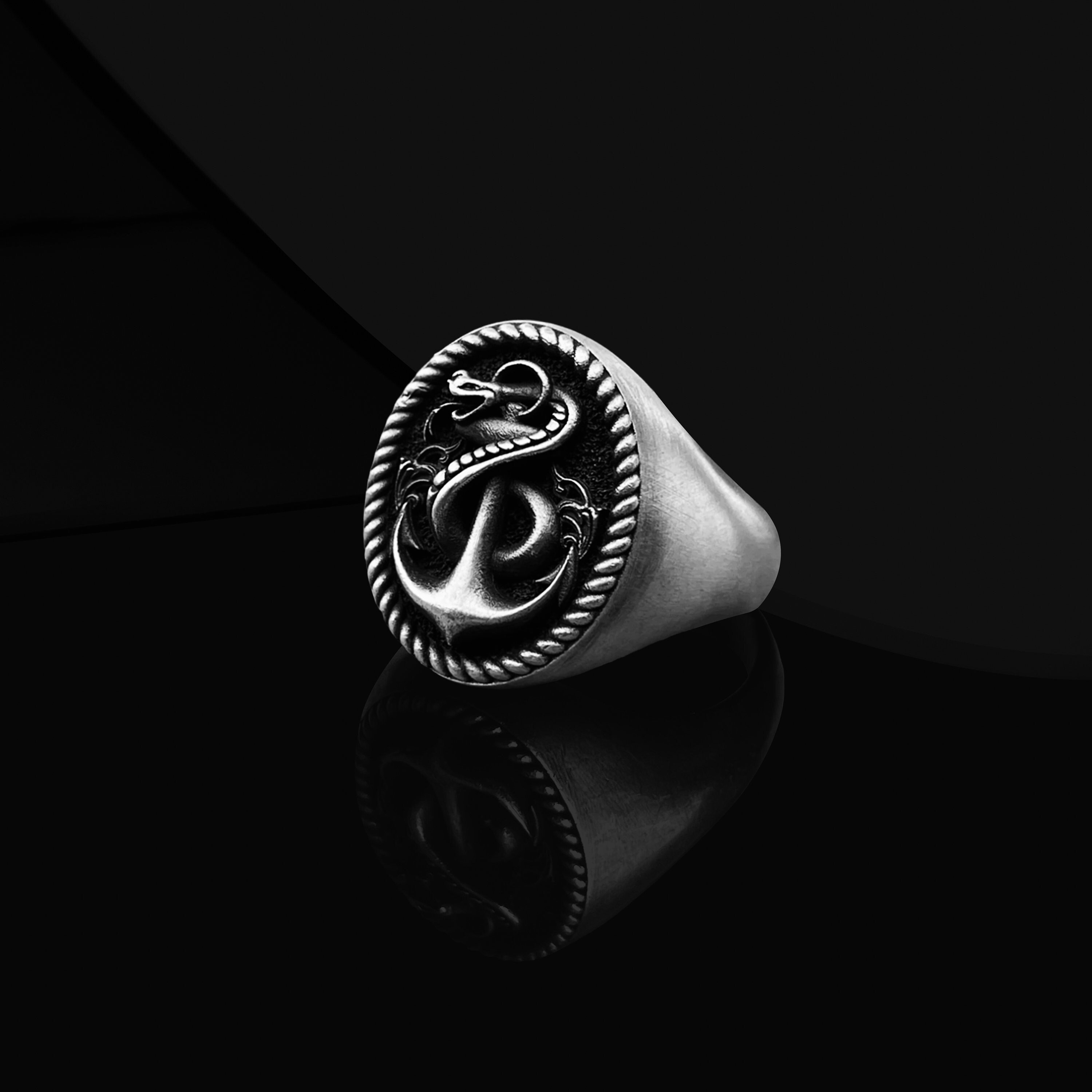 Exquisiter oxidierter Anker Schlangen Siegelring für Männer, Silber Sailor Kapitän Ring, Siegelring Marinekorps für ihn, Silber Anker Schmuck