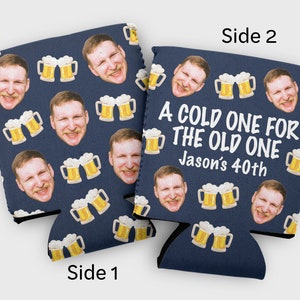 Custom photo birthday cozy- "cold one for the old one" birthday party favors- 30th, 40th, 50th, 60th, 70th, 80th birthday- cheers and beers