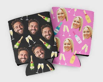 Custom photo birthday cozy- champagne and glasses birthday party favors- celebration cozies, graduation cozies, congrats favors