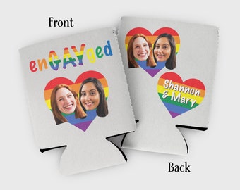 Custom photo enGAYged cozies- gay wedding favors- gay engagement party- lesbian wedding favors, gay wedding decor