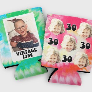 Custom Tie Dye Photo Can Cozy: Retro Birthday Party Favors