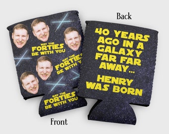 Custom photo birthday cozy- star galaxy, space wars themed bday party cozies- light swords, glow sabers favors- 30th 40th 50th 60th birthday