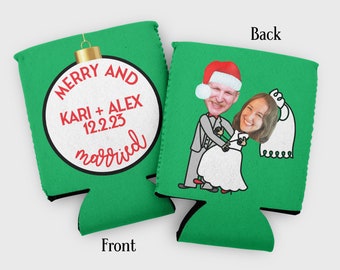 Custom photo Christmas wedding cozy- winter wedding, Christmas engagement favors, Christmas elopement, festive favors, December wedding