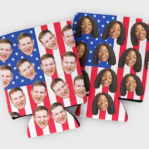 Custom photo flag cozy- USA or America themed birthday party favors- fourth of July party favors- summer party favors- patriotic cozies