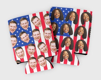 Custom photo flag cozy- USA or America themed birthday party favors- fourth of July party favors- summer party favors- patriotic cozies