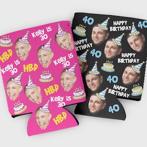 Custom photo birthday cozy- birthday party favors- 30th, 40th, 50th, 60th, 70th, 80th, 90th birthday- adult birthday favors