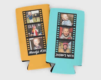 Custom photo film reel cozies- throwback cozies- baby photo party favors- 30th birthday- 40th birthday- 50th birthday- baby picture cozies