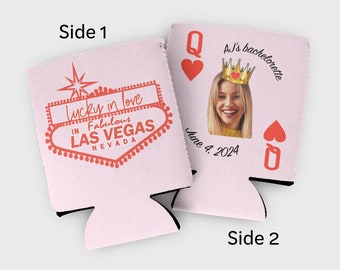 Custom photo Vegas bachelorette cozies- "lucky in love" Las Vegas weekend party favors- girls' trip, Vegas bachelorette- queen of hearts