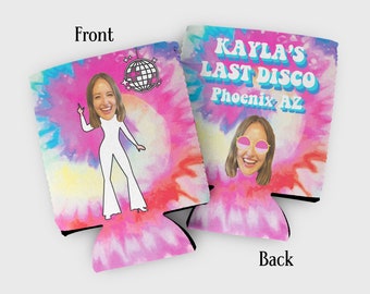 Custom photo disco bachelorette cozies- last disco theme bachelorette party favors - disco party favors - 1970s, 1980s theme- 70s 80s favors