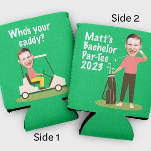 Custom photo bachelor party cozies who's your caddy golf bachelor party favors boys trip favors bachelor cozies with face photos par tee Bild 1