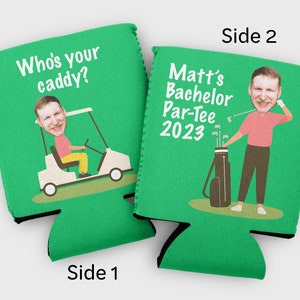 Custom photo bachelor party cozies who's your caddy golf bachelor party favors boys trip favors bachelor cozies with face photos par tee image 1