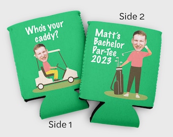 May include: Green and black can cooler with a golf-themed design. One side features a cartoon golfer driving a golf cart with the text "Who's your caddy?" The other side features a cartoon golfer holding a golf bag with the text "Matt's Bachelor Par-Tee 2023".