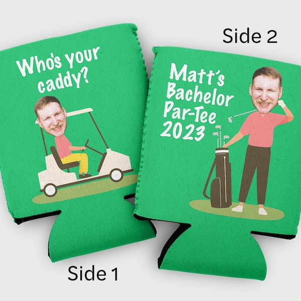 Custom photo bachelor party cozies- who's your caddy golf bachelor party favors- boys trip favors- bachelor cozies with face photos- par tee