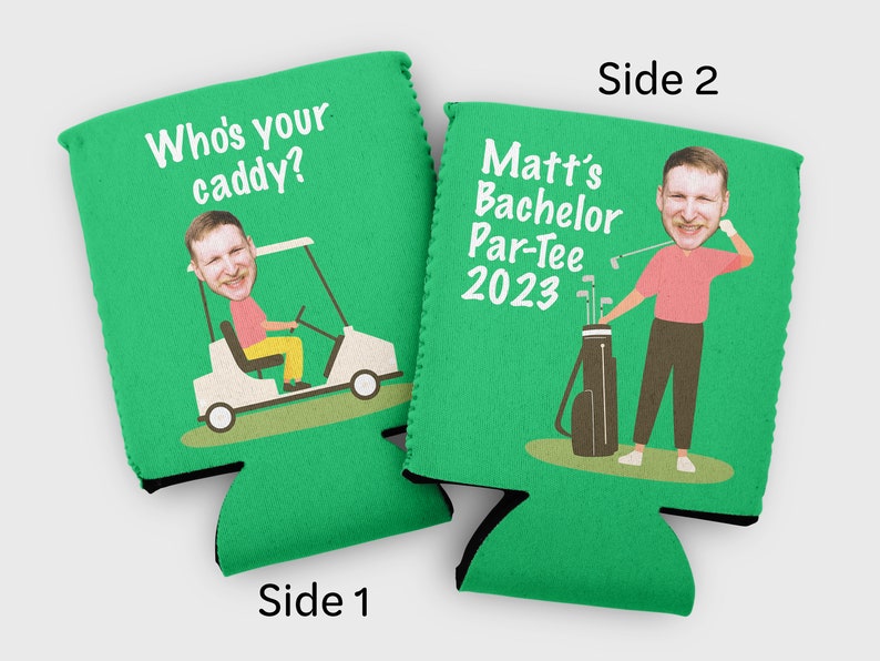 Custom photo bachelor party cozies who's your caddy golf bachelor party favors boys trip favors bachelor cozies with face photos par tee image 1