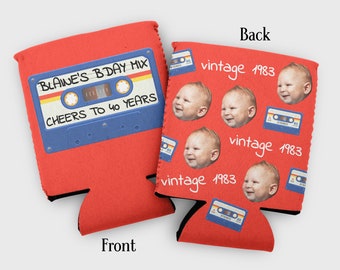 Custom photo retro birthday cozies- cassette tape throwback party favors- 70s, 80s party- 1970s 1980s retro favors, 40th, 50th birthday