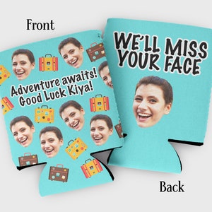 Custom Face Going Away Cozies: Bon Voyage Party Favors