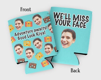 Custom Face Going Away Cozies: Bon Voyage Party Favors
