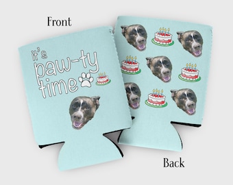 It's PAWTY time dog birthday cozy with pictures - dog birthday favors - dog party favors - pet birthday favors - pet party favors