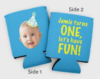 Custom photo first birthday cozy- baby's 1st bday party favors- one year old toddler face photo cozies- this one's on me- one fun birthday