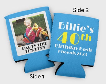 Custom photo birthday cozy- "party like it's" party favors- adults bday trip cozies with polaroid baby picture- 30th 40th 50th 60th ideas