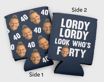 Custom photo birthday cozy- lordy lordy look who's 40 birthday party favors- 40th birthday party ideas- 40th for adults