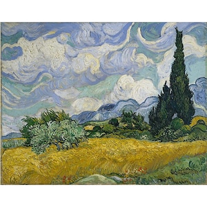 May include: A painting of a landscape with a field of yellow wheat, a group of trees, and a tall, dark green cypress tree in the background. The sky is a swirling blue and white with clouds.