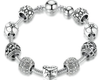 Silver Charm Bracelet Pandora Style, Pandora Style Charm Bracelet, Sparkly Silver Beads Charm Bracelet Women,Silver Bracelet,Charm Bracelet