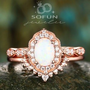 Art Deco Oval Shape White Fire Opal Engagement Ring Set, Vintage Rose Gold White Opal Bridal Set, Unique Opal Wedding Ring Set for Women