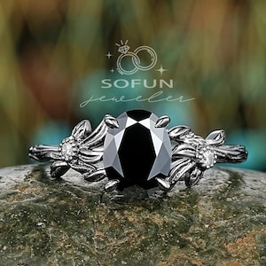 Black Gold Oval Black Moissanite Engagement Ring Set, Gothic Black Moissanite Promise Ring, Black Rhodium Bridal Set Black Wedding Ring Gift