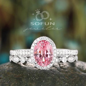 Anel de noivado oval com safira rosa e diamante, anel de compromisso floral em ouro branco, anel de casamento com flor milgrain, aniversário para ela