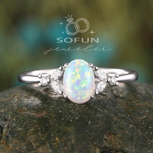 Dainty Natural Australia White Fire Opal and Diamond Engagement Ring, Unique White Gold Marquise Moissanite Promise Wedding Ring for Her