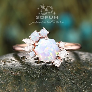 Unique White Opal Engagement Ring, Hexagon White Opal Cluster Promise Ring, 14K Rose Gold/Silver White Opal Wedding Ring Anniversary Ring