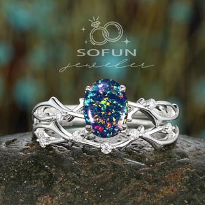 Vintage Black Fire Opal Engagement Ring, Silver Cute Oval Cut Opal Wedding Ring, Dainty 14K White Gold Lovely Black Opal Promise Ring Gift