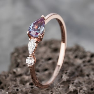 Vintage Alexandrite Engagement Ring, Pear Cut Gemstone, Art Deco Moissanite Wedding Band, Three Stones Unique Women Bridal Promise Ring Gift