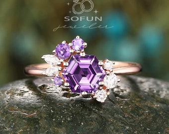 Unique Purple Amethyst Engagement Ring, Vintage 14K Rose Gold Amethyst Cluster Wedding Ring, Hexagon Anniversary Ring, Silver Ring For Women