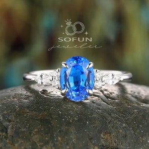 Anel de noivado de diamante e espinélio azul centáurea de Ceilão em formato oval, anel de casamento exclusivo em ouro rosa 14K, anel de compromisso de espinélio azul cobalto
