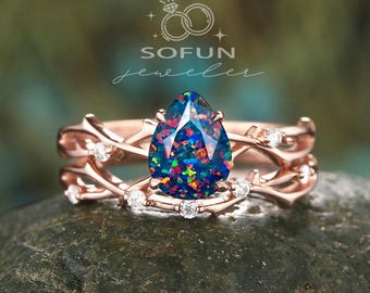 Vintage Birne Schwarz Opal Zweig Rebe Verlobungsring Set, 14K Rose Gold Braut Set, Mix Feueropal Ehering, Natur inspiriert Versprechen Ring